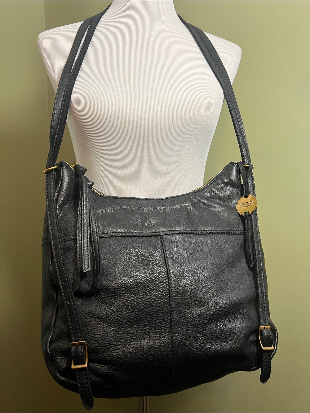 Classic Black Leather Shoulder Bag with Gold Accents